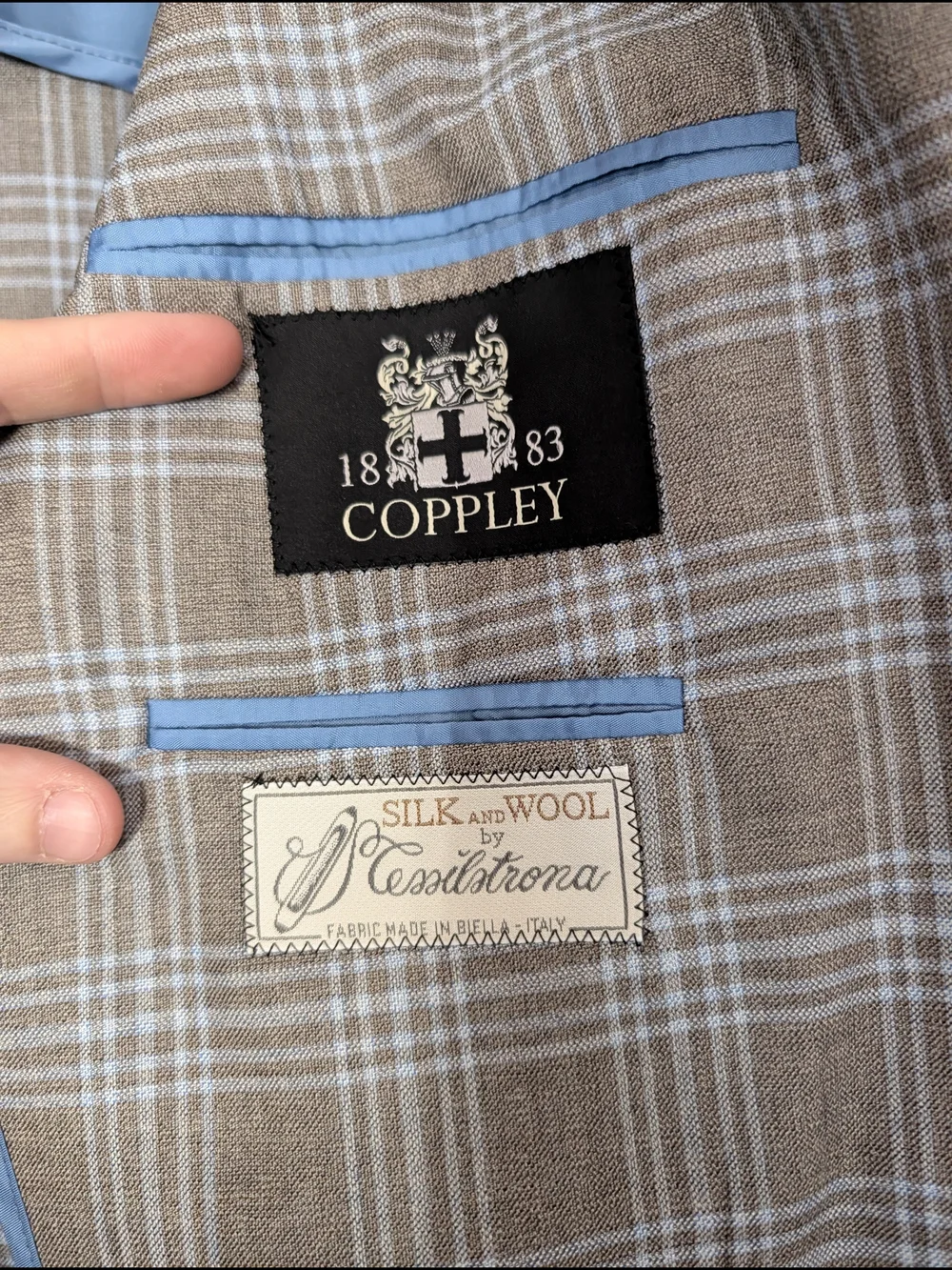 COPPLEY Tessilstrona Silk & Wool Gray/Blue Exploded Plaid Sport Coat 42L